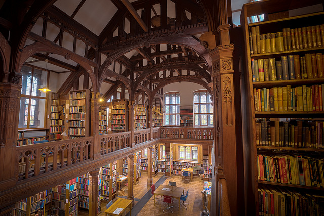 a two-story library interior